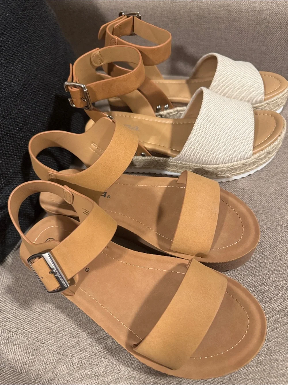 Two pair of Soda Sandals. Tan and Cream Wedge Sandals and Tan Wedge Sandals - Picture 2 of 9